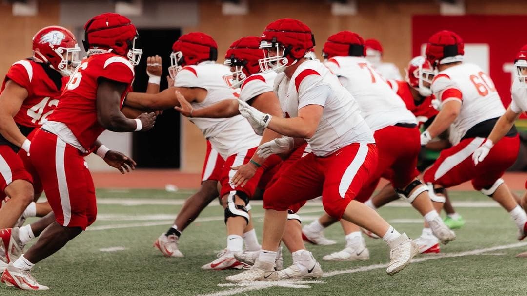 Utah Tech football players during the Trailblazers' 2026 fall-camp preview.