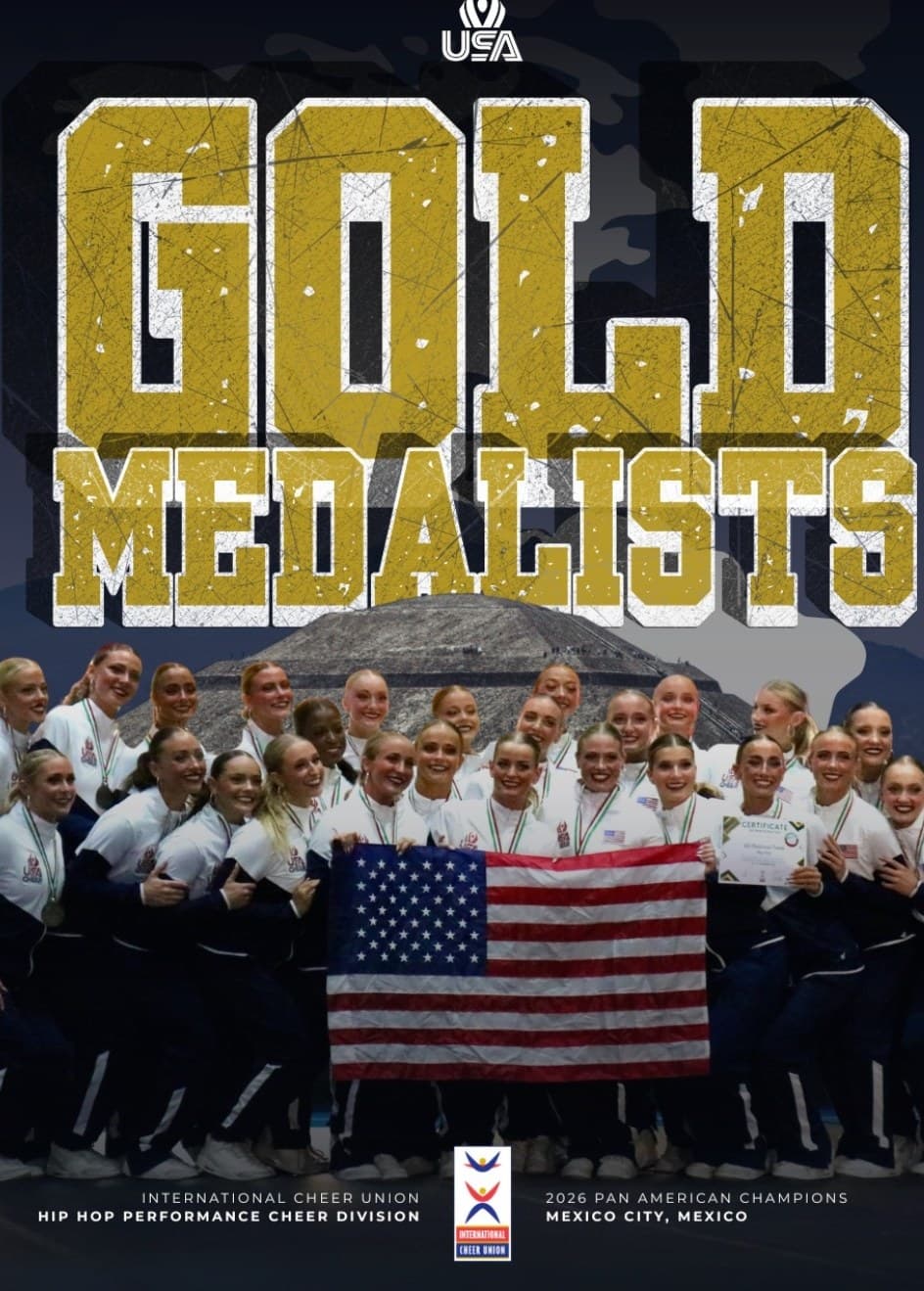 USA Cheer gold-medal graphic showing the Team USA hip hop dancers holding an American flag after winning the 2026 ICU Pan American title in Mexico City.