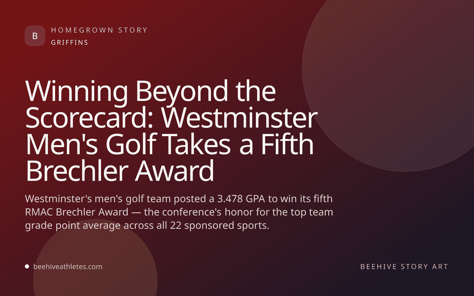 Beehive Athletes story art for Westminster men's golf winning a fifth RMAC Brechler Award.