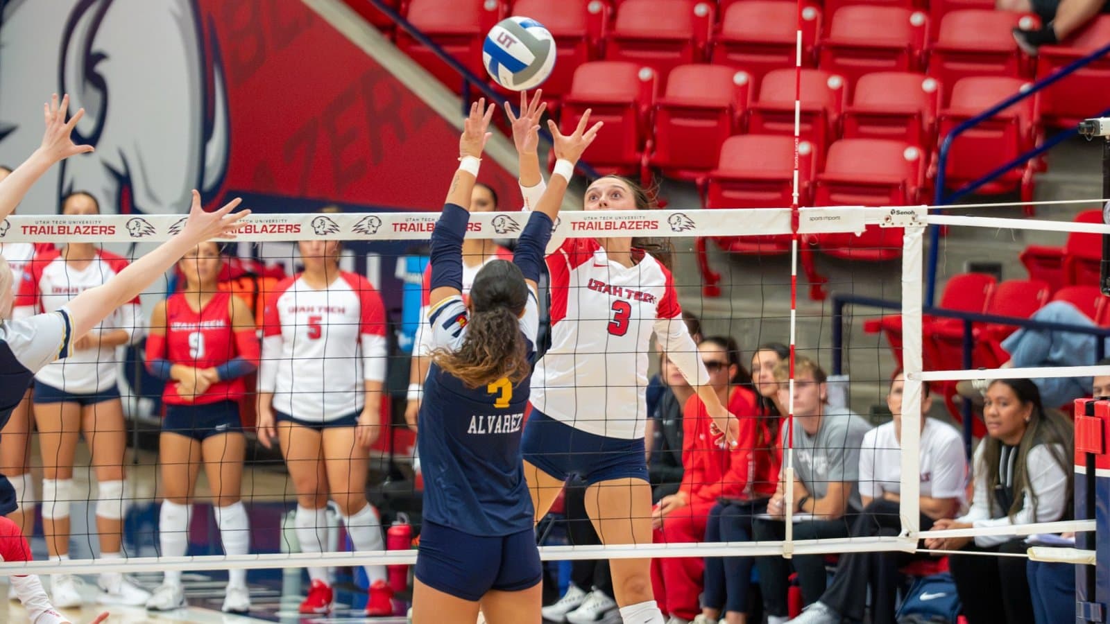 Utah Tech's Tessa Treanor (No. 3) reaches above the net against Northern Colorado at Burns Arena on Oct. 1, 2026.